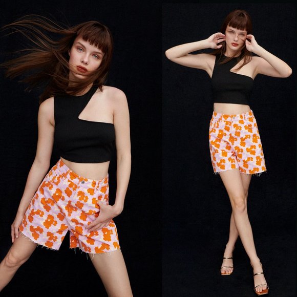 NEW! ZARA Signature Denim The 90's Short in Poppy Flower print ,Size 4 (EU 36) - Picture 2 of 16